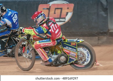 STOCKHOLM - SEPT 24, 2016: Piotr Pawlicki Chasing Jason Doyle At Stockholm FIM Speedway Grand Prix At Friends Arena In Stockholm.