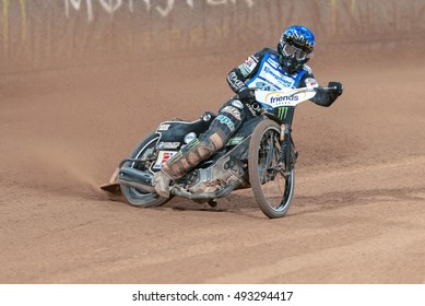 STOCKHOLM - SEPT 24, 2016: Tai Woffinden (GBR) Leading The Heat At Stockholm FIM Speedway Grand Prix At Friends Arena In Stockholm.