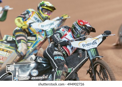 STOCKHOLM - SEPT 24, 2016: Tai Woffinden (GBR) Leading Before Chris Holder (AUS) At Stockholm FIM Speedway Grand Prix At Friends Arena In Stockholm.