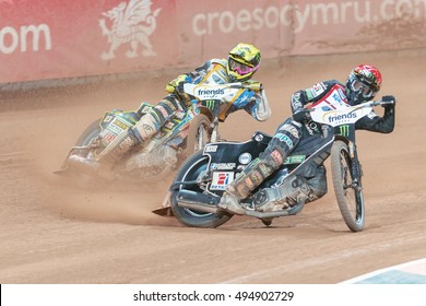 STOCKHOLM - SEPT 24, 2016: Tai Woffinden (GBR) Leading Before Chris Holder (AUS) At Stockholm FIM Speedway Grand Prix At Friends Arena In Stockholm.