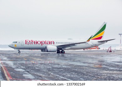 Stockholm / Sweden - 01.31.2019. Arlanda International Airport. Passenger Aircraft Boeing 737 MAX 8 Of Ethiopian Airlines Before Flight.