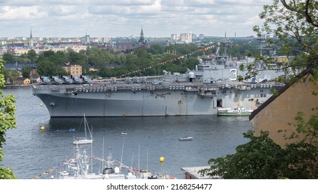 Stockholm, Sweden - 06.04.2022: The Battleship USS Kearsarge Anchored In Central Stockholm. The Amphibious Assault Ship Is In The Baltic Sea To Take Part In A Joint Nato Exercise.