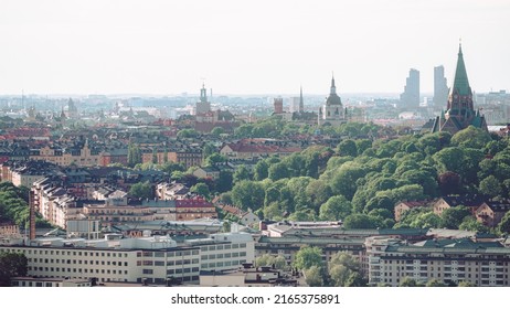 Stockholm, Sweden - 06.05.2022: Stockholms Södermalm District In The Foreground, Other Famous Landmarks Of The City Are Visible In The Background. Color Graded To Add A Vintaged Look.