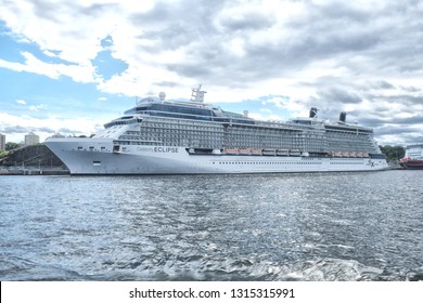 Stockholm, Sweden - 07.21.2017: Celebrity Eclipse is a Solstice-class cruise ship, operated by Celebrity Cruises. She is the sister ship of Celebrity Solstice and Celebrity Equinox