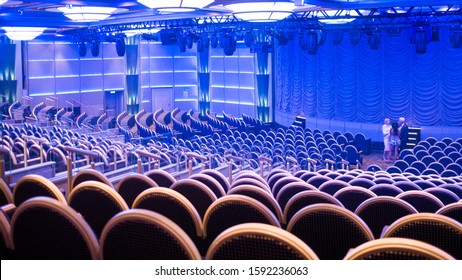 STOCKHOLM / SWEDEN - 082617: Main Theatre Aboard Luxury Cruise Ship In Baltic Sea Is Empty Before The Evening's Performance