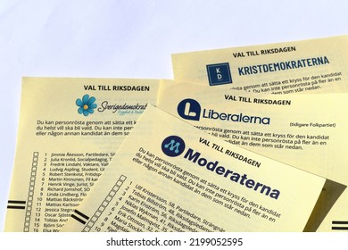 Stockholm, Sweden. 09-05-2022. Ballot Or Voting Paper For The Swedish Parliament. Election For The Parties M, KD, SD And L. Close Up.