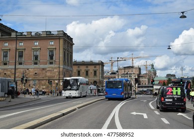 Stockholm, Sweden - 20 August 2016. Bus Centrally Located Segregation In Gamla Stan (city Center) In Front Of The Royal Castle