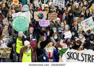 Stockholm, Sweden. 22 October, 2021. Swedish climate activists inspired by Greta Thunberg protest in Stockholm