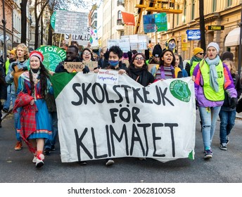 Stockholm, Sweden. 22 October, 2021. Swedish climate activists inspired by Greta Thunberg protest in Stockholm