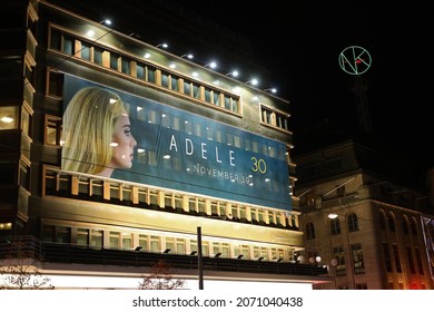 STOCKHOLM, SWEDEN- 23 OCTOBER 2021:Sign about Adeles new record, Adele 30, in Stockholm, Sweden, during Saturday evening. Photo Jeppe Gustafsson