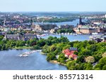 Stockholm, Sweden. Aerial view of famous Gamla Stan (the Old Town) and other islands, canals, landmarks.