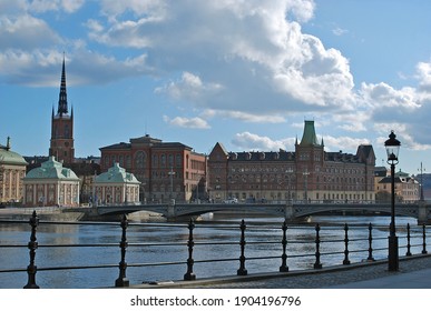 STOCKHOLM, Sweden - April 25, 2016, View Of Riddarholmen Church And Norstedts Förlag Book Publishing House In Sweden