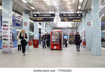 Stockholm, Sweden - April 30, 2014: People On The Platform At The  Metro Station Hotorget. Two Train Has Stoped.