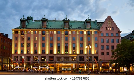 Stockholm, Sweden - Aug. 1, 2018: The Haymarket Hotel On A Summer Night, Hötorget Square, Stockholm, Sweden.