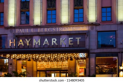 Stockholm, Sweden - Aug. 1, 2018: The Haymarket Hotel On A Summer Night, Hötorget Square, Stockholm, Sweden.