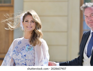 STOCKHOLM, SWEDEN - AUGUST 14, 2021: Princess Madeleine With Family At The Baptism Of Prince Julian. Drottningholm Palace Stockholm