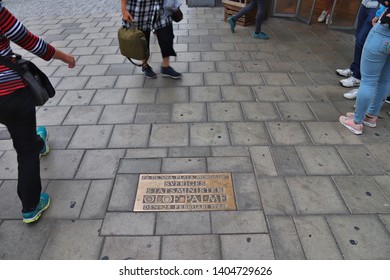 STOCKHOLM, SWEDEN - AUGUST 22, 2018: Memorial Plaque At The Location Of Assassination Of Olof Palme, Prime Minister Of Sweden At Sveavagen Street In Stockholm. The Mystery Remains Unsolved.