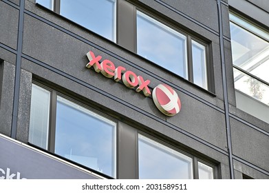 Stockholm, Sweden - August 22, 2021: A Wall Sign For The American Office Printer And Copier Company Xerox On An Office Building In Stockholm, Sweden.