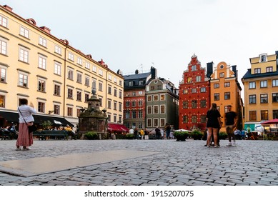 Stockholm, Sweden - August 8, 2019: Scenic View Of Stortorget Square In Gamla Stan At Sunset, The Old Town Is One Of The Largest And Best Preserved Medieval City Centers In Europe. Long Exposure