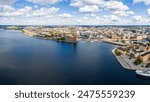 Stockholm, Sweden. Stockholm City Hall. Panorama of the city in summer in cloudy weather. Aerial view
