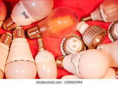 Stockholm, Sweden Dec 16, 2019 Household Low Energy Lightbulbs In A Bin For Recycling In A Coop Apartment Building.