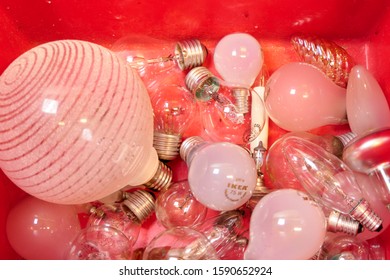 Stockholm, Sweden Dec 16, 2019 Household Incandescent Lightbulbs In A Bin For Recycling In A Coop Apartment Building.