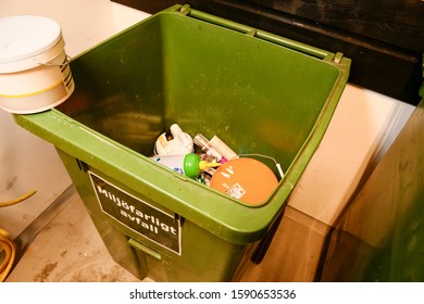 Stockholm, Sweden Dec 16, 2019 A Bin For Environmentally Hazardous Waste In A Coop Apartment Building.