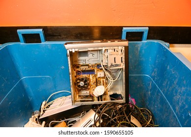 Stockholm, Sweden Dec 16, 2019 A Garbage Room Bin In A Coop Apartment Building For Collecting Electronic And Electrical Waste.