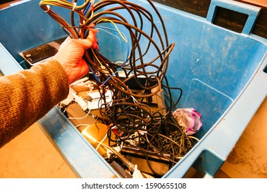 Stockholm, Sweden Dec 16, 2019 A Garbage Room Bin In A Coop Apartment Building For Collecting Electronic And Electrical Waste.