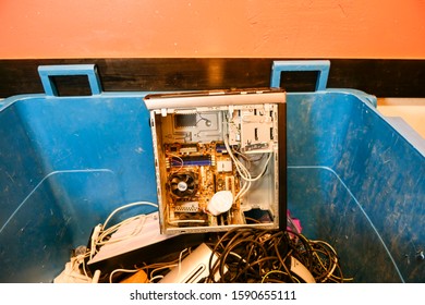 Stockholm, Sweden Dec 16, 2019 A Garbage Room Bin In A Coop Apartment Building For Collecting Electronic And Electrical Waste.