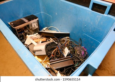 Stockholm, Sweden Dec 16, 2019 A Garbage Room Bin In A Coop Apartment Building For Collecting Electronic And Electrical Waste.