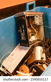 Stockholm, Sweden Dec 16, 2019 A Garbage Room Bin In A Coop Apartment Building For Collecting Electronic And Electrical Waste.