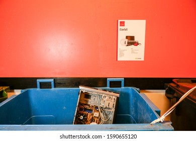 Stockholm, Sweden Dec 16, 2019 A Garbage Room Bin In A Coop Apartment Building For Collecting Electronic And Electrical Waste.