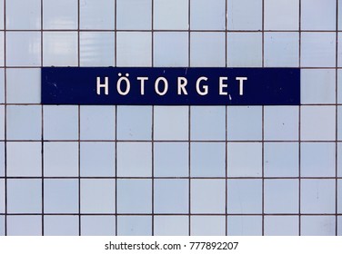 Stockholm, Sweden - December 12, 2013: Stockholm Metro Station Hotorget Station Name Sign On Blue Tiles,