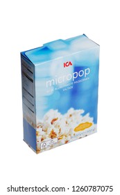 Stockholm, Sweden - December 14, 2018: One Package For The Swedish Market Of The ICA Ready To Pop Popcorn In A Microwave Oven Isolated On White.