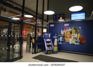 Stockholm, Sweden. December 16, 2020. Inside A Grocery Store. At The Combined Entrance And Exit. One LIDL Supermarket.