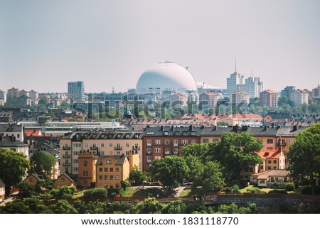 Stockholm, Sweden. Ericsson Globe In Summer Skyline. It's Currently The Largest Hemispherical Building In The World, Used For Major Concerts, Sport Events.