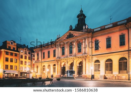 Stockholm, Sweden. Famous Old Swedish Academy and Nobel Museum In Old Square Stortorget In Gamla Stan. Famous Landmarks And Popular Place.