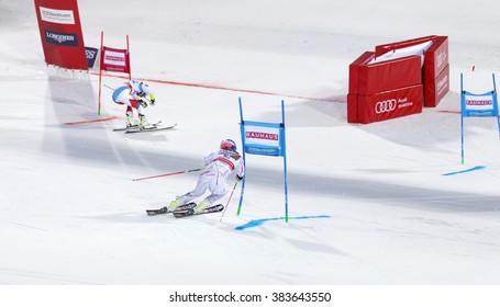 STOCKHOLM, SWEDEN - FEB 23, 2016: Lindsey Vonn (USA) And Competitor Skiing At The Finish At The FIS Alpine Ski World Cup City Event February 23, 2016, Stockholm, Sweden