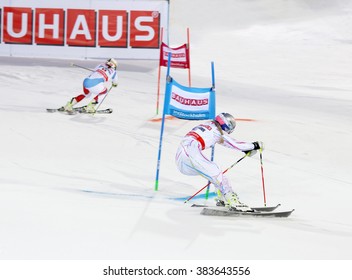 STOCKHOLM, SWEDEN - FEB 23, 2016: Lindsey Vonn (USA) And Competitor Skiing At The Finish At The FIS Alpine Ski World Cup City Event February 23, 2016, Stockholm, Sweden