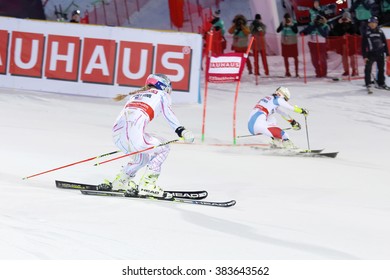 STOCKHOLM, SWEDEN - FEB 23, 2016: Lindsey Vonn (USA) And Competitor Skiing At The Finish At The FIS Alpine Ski World Cup City Event February 23, 2016, Stockholm, Sweden