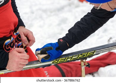 STOCKHOLM, SWEDEN - JAN 24, 2016: Waxing Skis At The Event Ski Marathon In Nordic Skiing Classic Style.