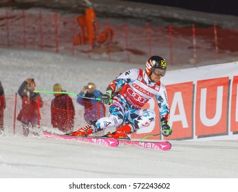 STOCKHOLM, SWEDEN - JAN 31, 2017: Test Skiier I In The Parallel Slalom Alpine Ski Event, Audi FIS Ski World Cup. January 31, 2017, Stockholm, Sweden