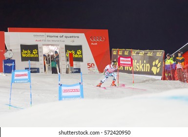 STOCKHOLM, SWEDEN - JAN 31, 2017: Test Skiier I In The Parallel Slalom Alpine Ski Event, Audi FIS Ski World Cup. January 31, 2017, Stockholm, Sweden