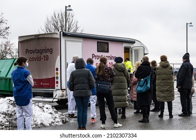 Stockholm, Sweden Jan 5, 2022 A Mobile Covid Test Van In A Parking Lot. Sign In Swedish Says: 