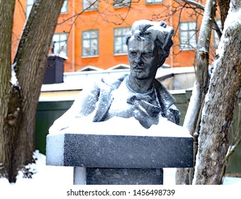 Stockholm Sweden - January 20 2013:  Winter View Of August Strindberg Statue By Carl Eldh On Mosebacke