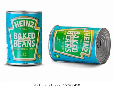 STOCKHOLM, SWEDEN - JANUARY 3, 2014: Photo Of A Tin Can Of Heinz Organic Baked Beans With Tomato Sauce, One Standing And One Flipped On The Side 