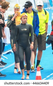 STOCKHOLM, SWEDEN - JULY 02, 2016: Asian Triathlete Before The Start At Women ITU Triathlon Event In Stockholm.