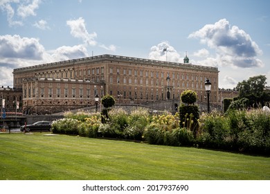 STOCKHOLM, SWEDEN - JULY 20, 2021: Summer Landscape View Of The Royal Castle Seen From The Public Park Kungsträdgården In Stockholm Sweden July 20, 2021.