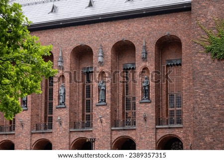 Stockholm, Sweden - July 25, 2023: Stockholm City Hall is the building of the Stockholm City Council. It is located on Kungsholmen Island on the edge of Lake Mlar. Designed by architect Ragnar stberg